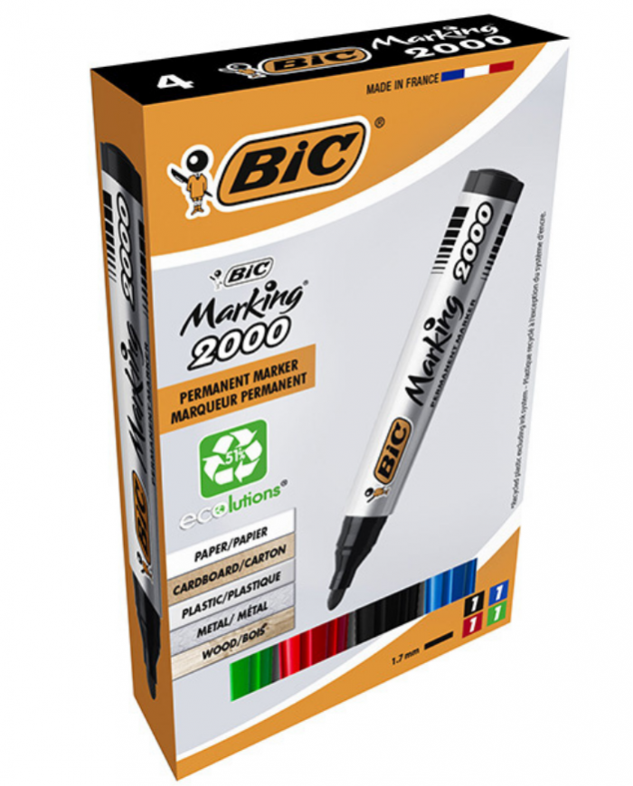 BOITE DE 4 MARQUEURS PERMANENTS BIC 2000 CONICAL COULEURS ASSORTIES