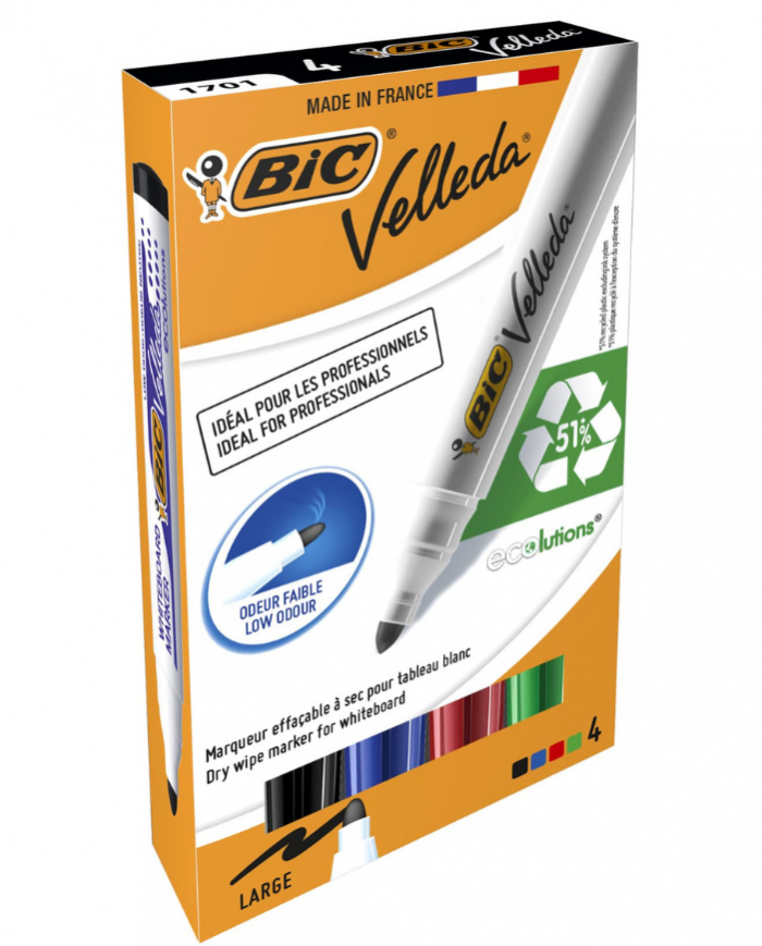 POCHETTE DE 4 MARQUEURS EFFAÇABLES BIC 1701 VELLEDA COULEURS ASSORTIES