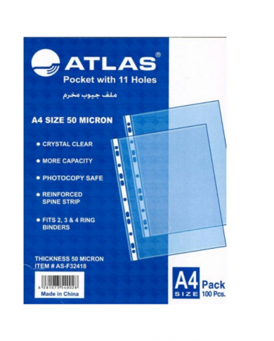 Paquet de 100 Pochettes perforées ATLAS A4 80 Microns